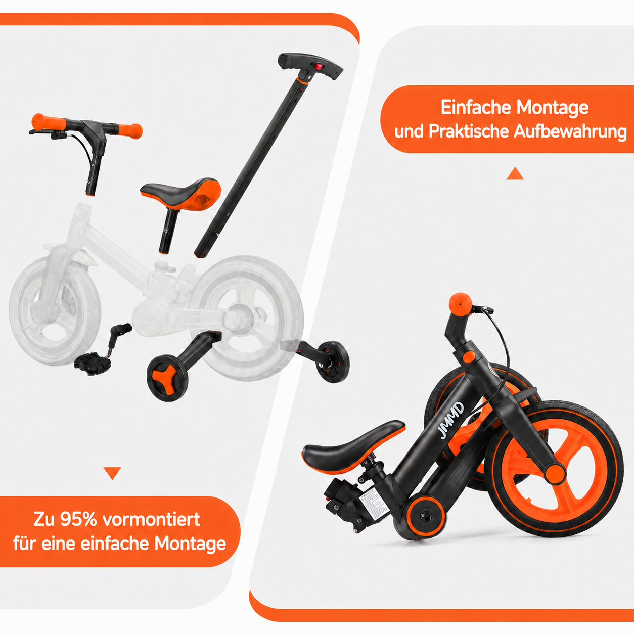 Zu 95% vormontierte Fahrradteile — einfache Montage und Aufbewahrung